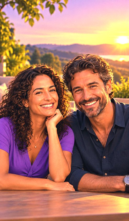 Casal de clientes LuzSim sorrindo ao pôr do sol